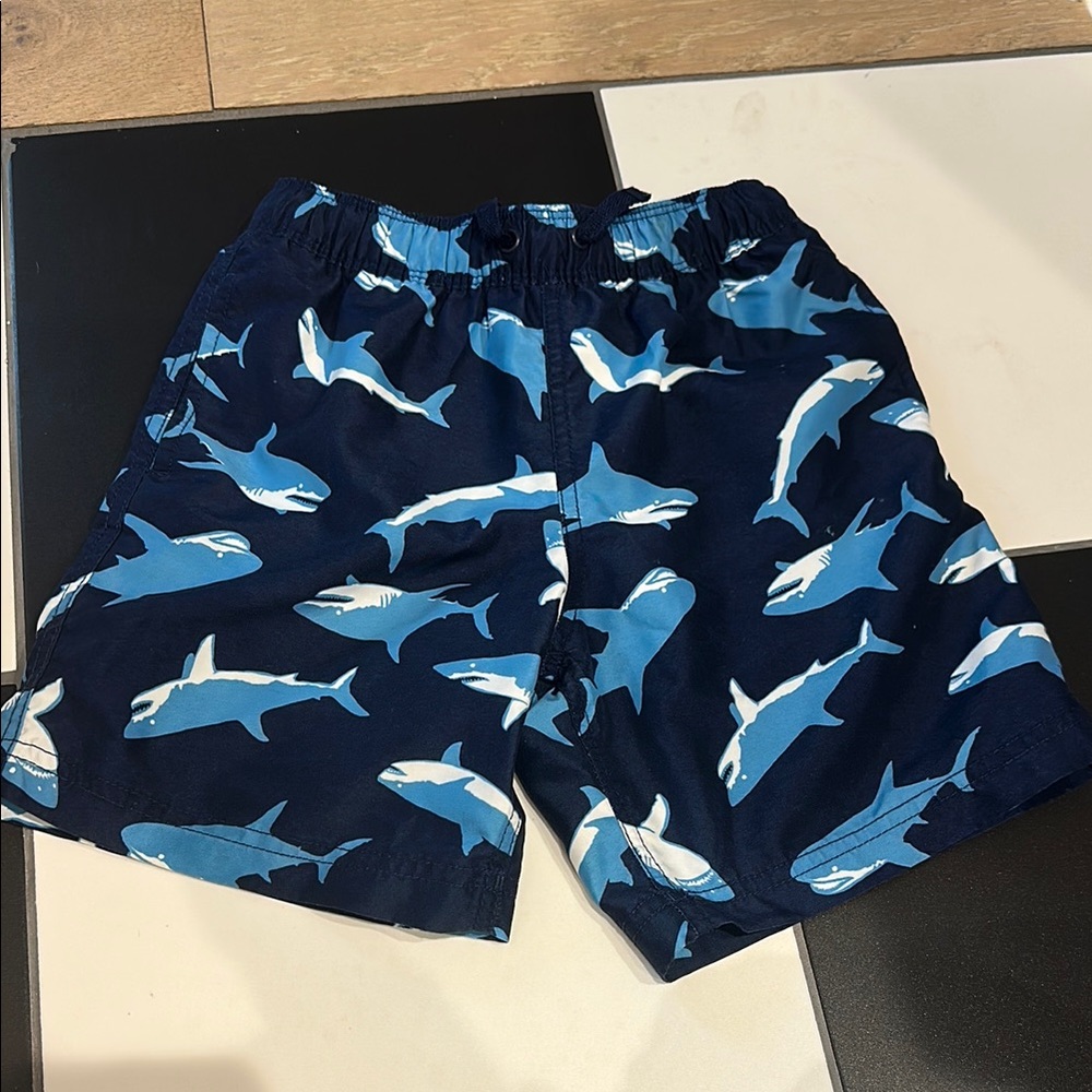 Hanna Anderson Navy Shark Print Swim Shorts, 6-7